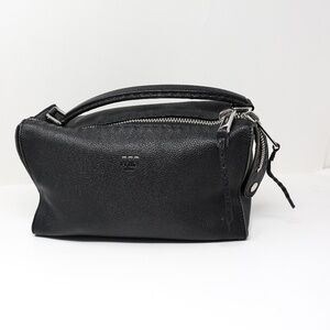 Fendi Lei Selleria Leather Two Way Zip Boston Top Handle Purse Bag Black Silver